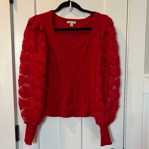 Red Floral Lace Sleeve Sweater - Size S